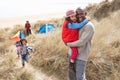 Family Having Fun With Kite In Sand Dunes Royalty Free Stock Photo