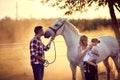 Family having a good time with a horse.  Fun on countryside, sunset golden hour. Freedom nature concept Royalty Free Stock Photo