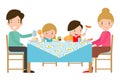 Family having meal together,Father, mother and son,daughter sit at the table on white background,Vector illustration. Royalty Free Stock Photo