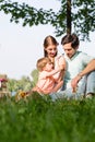 Family having picnic at lake sitting on meadow Royalty Free Stock Photo