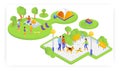 Family on picnic in nature, walking with dog in the park, flat vector isometric illustration. Summer outdoor activity. Royalty Free Stock Photo