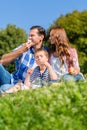 Family having picnic sitting in grass on meadow Royalty Free Stock Photo