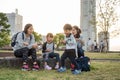 A family is having a picnic in Yokohama Bay side.