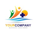 Family Health care medical cross logo icon with sea waves and sun symbol on white background Royalty Free Stock Photo