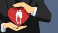 Family life insurance concept. Two hands holding protecting the heart with family inside.