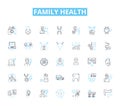 Family health linear icons set. Nutrition, Exercise, Hygiene, Sleep, Vaccines, Prevention, Medicine line vector and