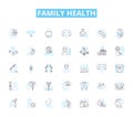 Family health linear icons set. Nutrition, Exercise, Hygiene, Sleep, Vaccines, Prevention, Medicine line vector and