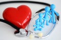 Family healthcare concept with plastic toys, red heart and stethoscope on white background