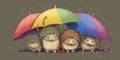 A family of hedgehogs adorned with tiny, colorful umbrellas, contrasting their prickly quills against a simple, rainy