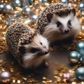 A family of hedgehogs rolling in a field of sparkling confetti to ring in the New Year1 Royalty Free Stock Photo