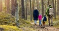 Family hike in the forest with children. copy space