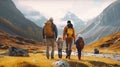 Family hikers with backpacks walking in the mountains. Traveling with kids concept. Generative AI Royalty Free Stock Photo