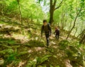 Family of hikers walking on a mountain trail Royalty Free Stock Photo