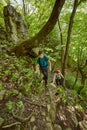 Family of hikers walking on a mountain trail Royalty Free Stock Photo