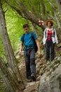 Family of hikers walking on a mountain trail Royalty Free Stock Photo