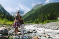 Family hikers walking to mountains Royalty Free Stock Photo