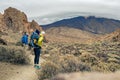 Family hiking with baby boy travelling in backpack Royalty Free Stock Photo