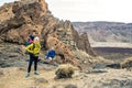 Family hiking with baby boy travelling in backpack Royalty Free Stock Photo