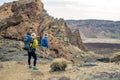 Family hiking with baby boy travelling in backpack Royalty Free Stock Photo