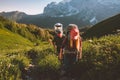 Family hiking with baby travel summer vacation couple man and woman backpacking outdoor Royalty Free Stock Photo