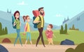 Family hiking background. Walking couples in mountains kids with parents tourists travellers outdoor adventure vector Royalty Free Stock Photo