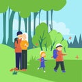 Family hiking outdoors with backpacks. Cartoon vector illustration Royalty Free Stock Photo