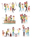 Family hiking. Couples with kids exploring travellers tourists happy adventure in mountains camping vector characters
