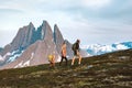 Family hiking in mountains active vacations outdoors in Norway, Parents and child traveling together healthy lifestyle Royalty Free Stock Photo