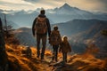 Family hiking in the mountains, travel and wanderlust concept, father and children in the highlands, generative AI