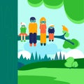 Family hiking outdoors. Cartoon vector color illustration Royalty Free Stock Photo