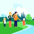 Family hiking outdoors with backpacks. Cartoon vector illustration Royalty Free Stock Photo