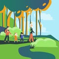 Family hiking outdoors with backpacks. Cartoon vector illustration Royalty Free Stock Photo