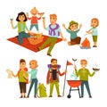 Family hiking picnic or people camping trip and barbecue vector flat icons Royalty Free Stock Photo