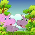 Family of hippo cartoon with forest background