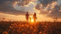 Family holding hands in a field against a beautiful sunset.
