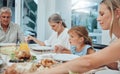 Family, holding hands or praying to God for food with mother, grandparents or girl child ready for dinner meal Royalty Free Stock Photo