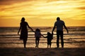 Family, holding hands and silhouette at the beach at sunset, adventure and love with parents and children outdoor