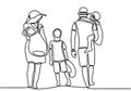 Family holiday continuous line drawing. Father, mother, son and little girl go to the beach. Hand drawn happy parents with