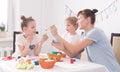 Family holiday Easter: Mother helps her daughter to paint an Easter egg.