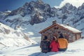 Family holiday at high altitude near snowy peaks Royalty Free Stock Photo