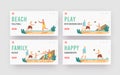 Family Holiday Landing Page Template Set. Grandparents, Parents and Child Play Beach Volleyball. Happy Characters Game Royalty Free Stock Photo