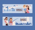 Family holidays banner, vector illustration. Young couple romantic journey, sightseeing tour around Europe. Travel