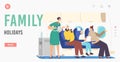 Family Holidays Landing Page Template. Flight Attendant Serving Passenger in Airplane. Stewardess in Uniform Hold Teapot