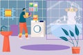 Family in home bathroom, vector illustration. Cartoon woman man character care about hygiene. Female girl person take