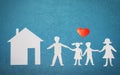 Family and home love concept. Paper house and family on blue textured background. Red heart over family and home silhouettes.