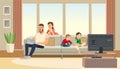 Family at home. Mother care about father. children playing game console. Vector cartoon characters.