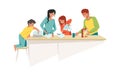 Family at home. Mother and father with children cooking breakfast together. Cartoon people preparing cereals in kitchen Royalty Free Stock Photo