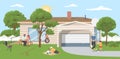 Family home outdoor rest in backyard, vector illustration. Grandparents, parents with kids on barbecue party or picnic. Royalty Free Stock Photo