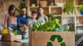 A family at home surrounded by various energysaving devices such as LED light bulbs a compost bin and a solar panel Royalty Free Stock Photo