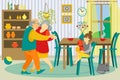 Family at home together vector illustration. Grandmother and grandfather dancing, granddaughter girl playing in living